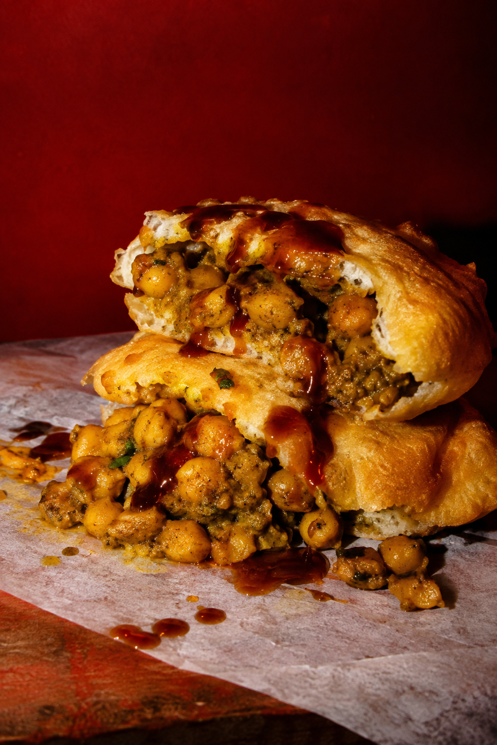 Illustrative close-up of Trinidadian doubles with curried chickpeas and sauce drizzle