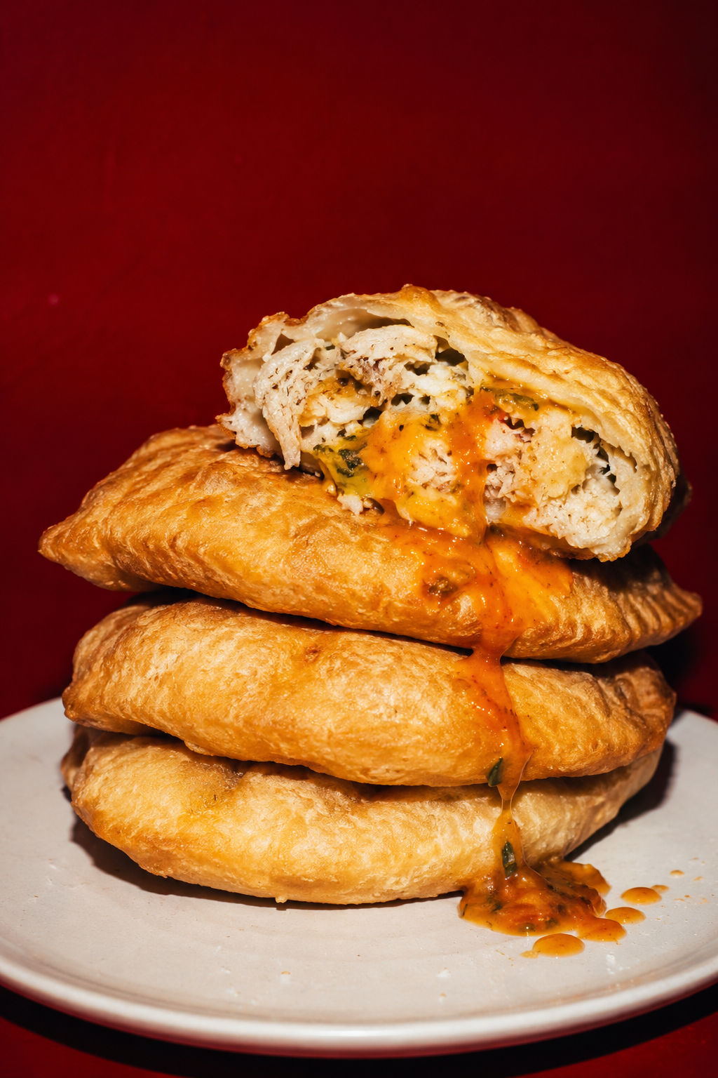 Illustrative stack of fry bakes with filling and pepper sauce drizzle